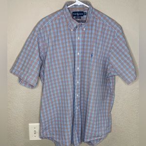 Ralph Lauren Shirt Mens XL Orange Blue Black White Plaid Pony Button Up Casual